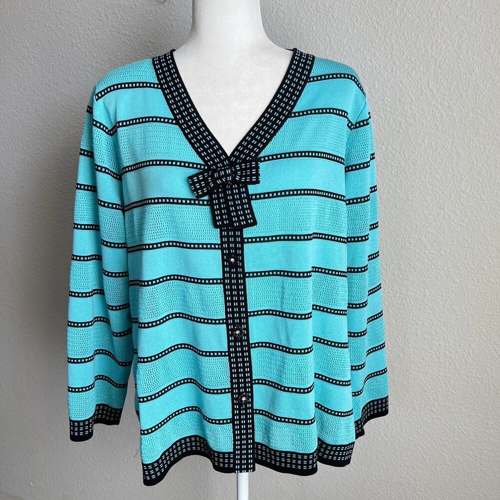 Exclusively Misook Blue Black Stripe Knit Cardigan Women's 1X Bow Sweater